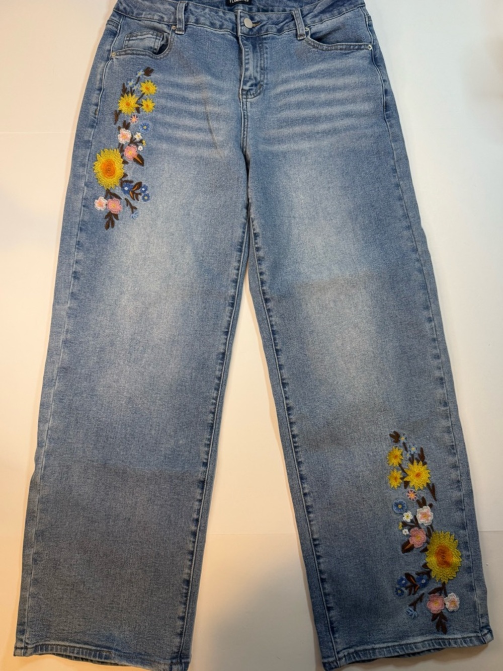 Flamingals Floral Embroidered Jeans Womens 30 Straight/Wide Leg Stretch Blue